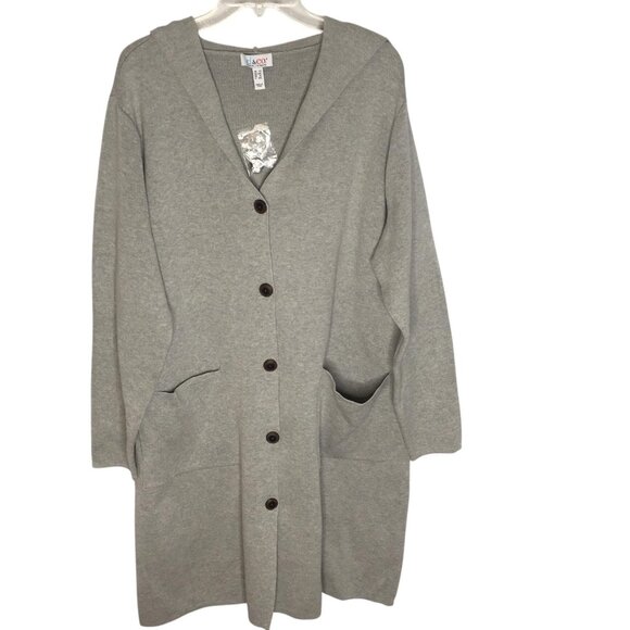 Denim & Co Hooded Cardigan Womens 1X Gray Long Button Front Sweater Pockets - Picture 2 of 16